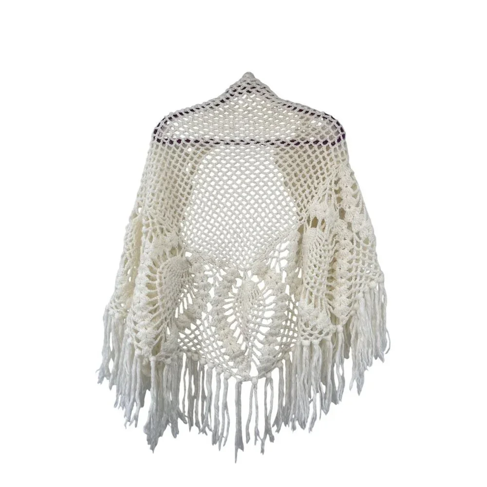Vintage Pineapple Crochet Shawl Fringe Wrap Ivory Boho Festival One Size - Picture 2 of 16